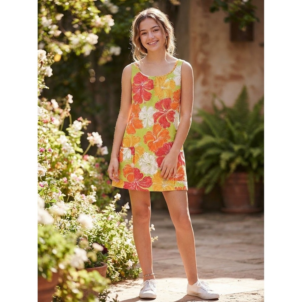 Vintage Toby for Young Hawaii Hibiscus Floral Barkcloth Mini Shift Dress Green